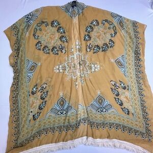 Angie Yellow Medallion Print Fringe Kimono Wrap One Size Boho Beach Cover